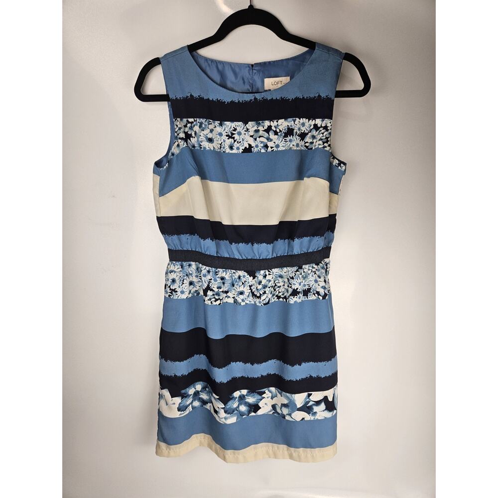 Ann Taylor Loft Dress Women's M‎ Blue Striped Floral Round Neck Sleeveless